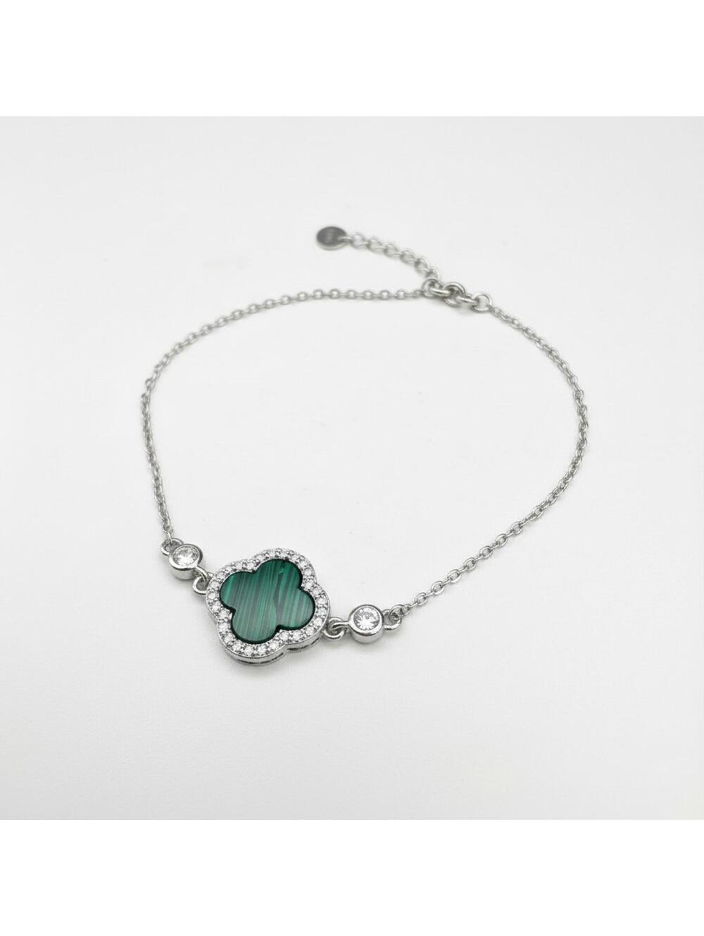 Sterling Silver Malachite Clover Bracelet with CZ Halo - 7 Inch